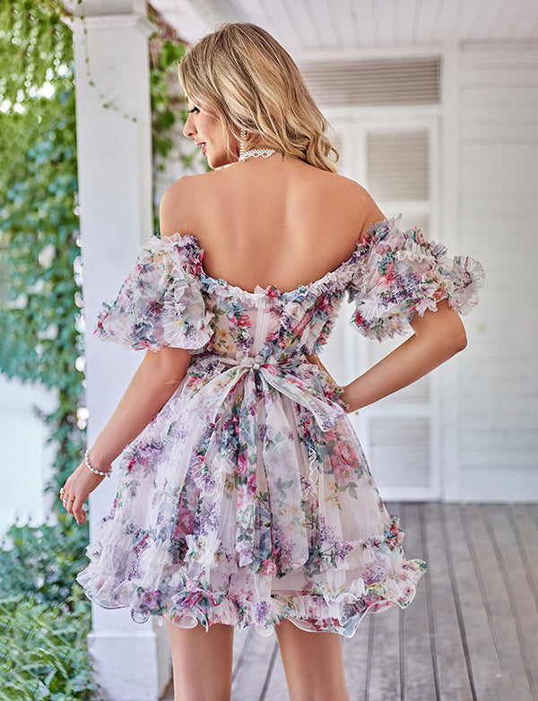 Robe de soirée mignonne imprimée à épaules dénudées