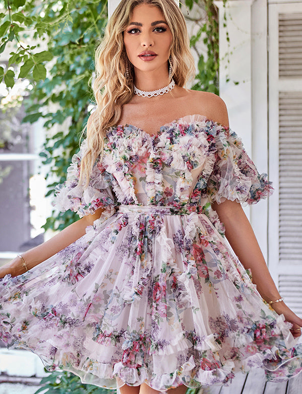 Robe de soirée mignonne imprimée à épaules dénudées