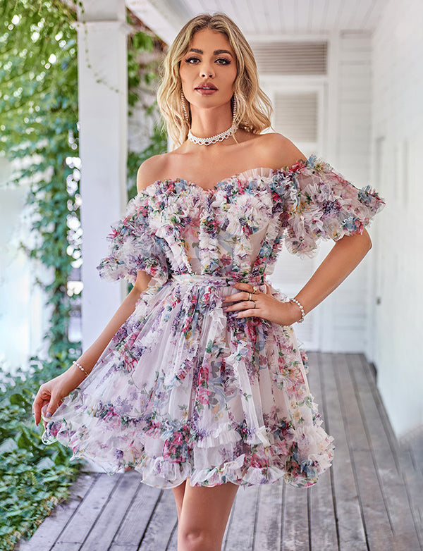 Robe de soirée mignonne imprimée à épaules dénudées