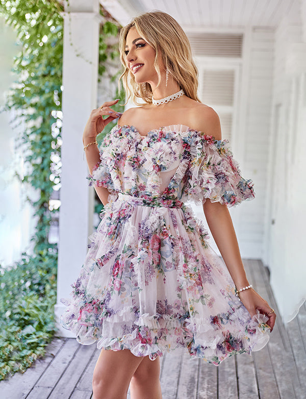 Robe de soirée mignonne imprimée à épaules dénudées