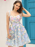 Robe de soirée courte à corset bleu avec fleurs en 3D