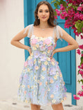 Robe de soirée courte à corset bleu avec fleurs en 3D