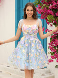 Robe de soirée courte à corset bleu avec fleurs en 3D