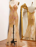 Robe de soirée sirène à bretelles spaghetti dorées avec paillettes