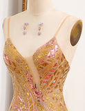 Robe de soirée sirène à bretelles spaghetti dorées avec paillettes