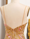 Robe de soirée sirène à bretelles spaghetti dorées avec paillettes