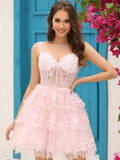 Robe de soirée courte à volants corset bleu foncé A Line