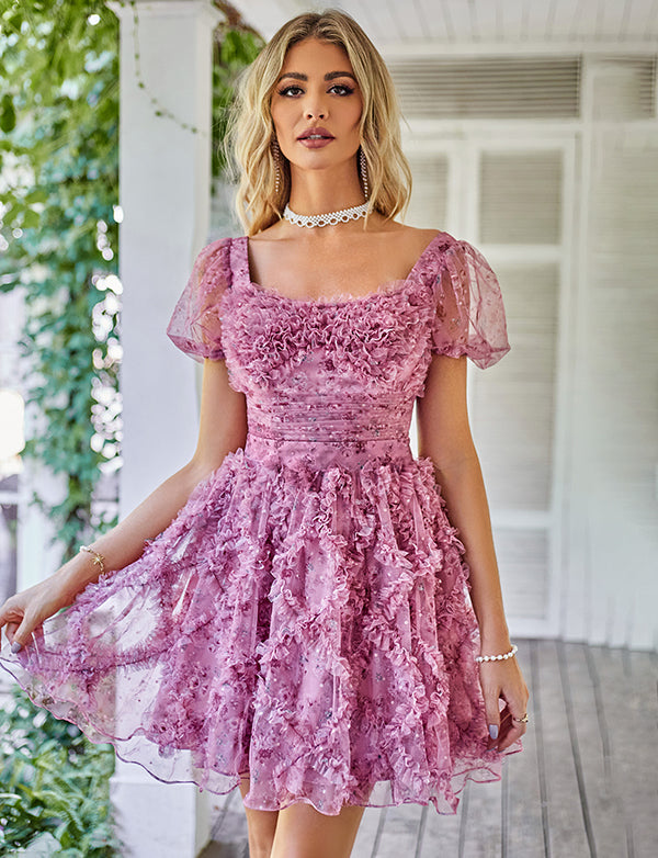 Robe de soirée trapèze imprimée à volants