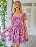 Robe de soirée trapèze imprimée à volants