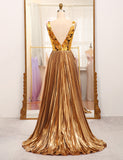 Robe de soirée longue et mirobolante en ligne A avec paillettes d'or