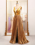 Robe de soirée longue et mirobolante en ligne A avec paillettes d'or