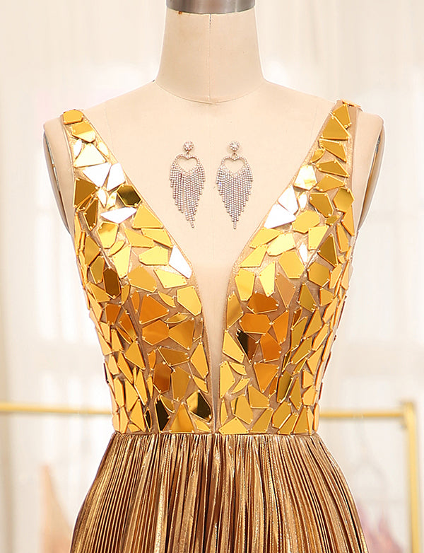 Robe de soirée longue et mirobolante en ligne A avec paillettes d'or