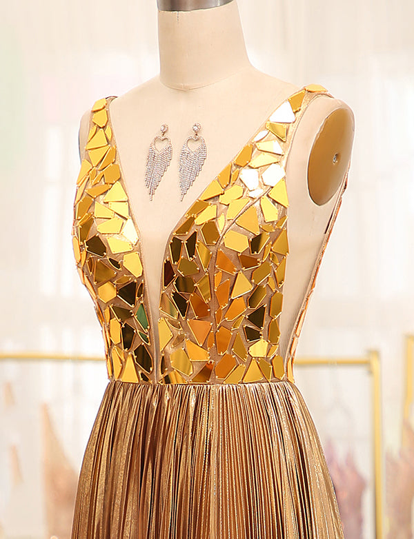 Robe de soirée longue et mirobolante en ligne A avec paillettes d'or