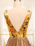 Robe de soirée longue et mirobolante en ligne A avec paillettes d'or