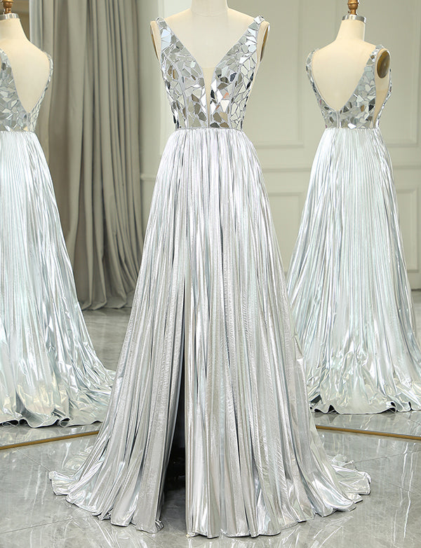 Robe de soirée longue et mirobolante en ligne A avec paillettes d'or