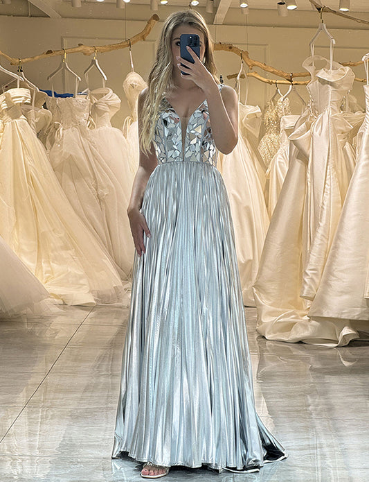 Robe de soirée argentée pailletée à longs miroirs