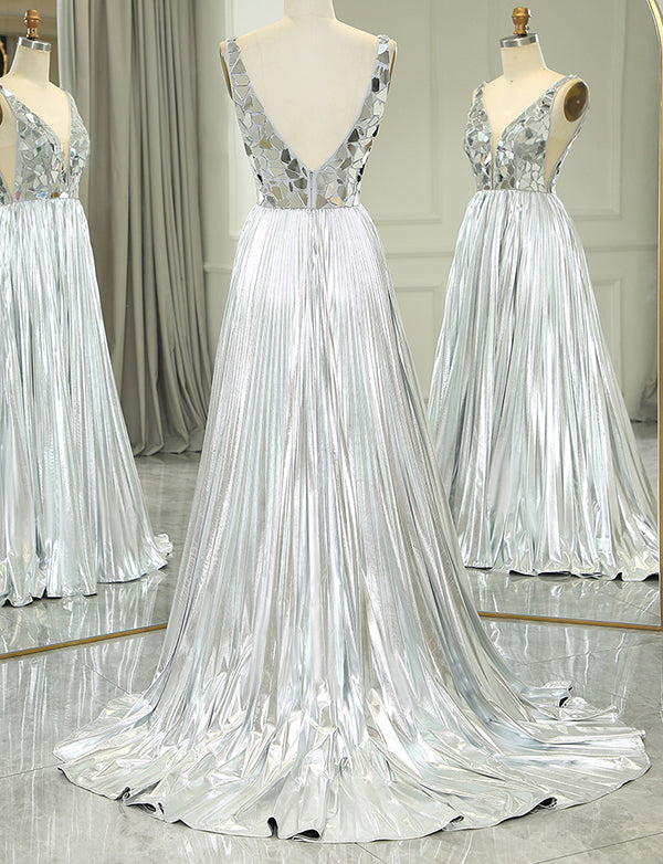 Robe de soirée longue et mirobolante en ligne A avec paillettes d'or