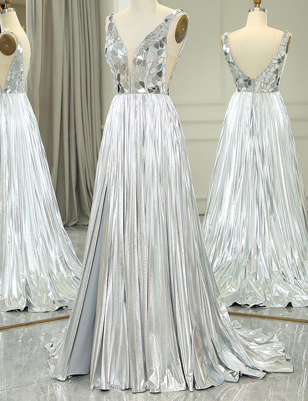 Robe de soirée longue et mirobolante en ligne A avec paillettes d'or