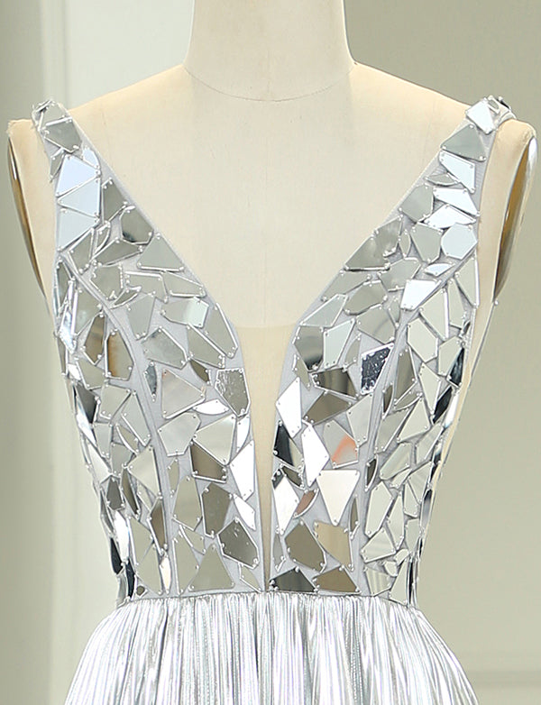 Robe de soirée longue et mirobolante en ligne A avec paillettes d'or
