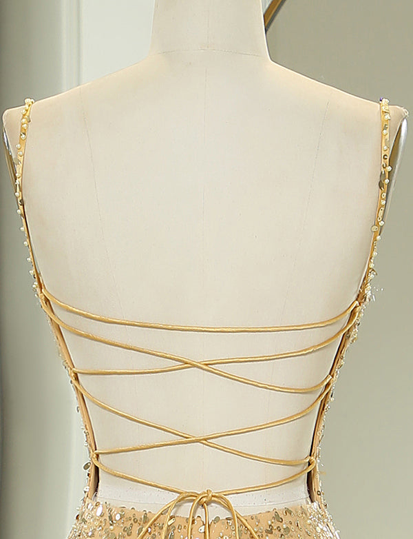 Robe de soirée à bretelles spaghetti avec fente
