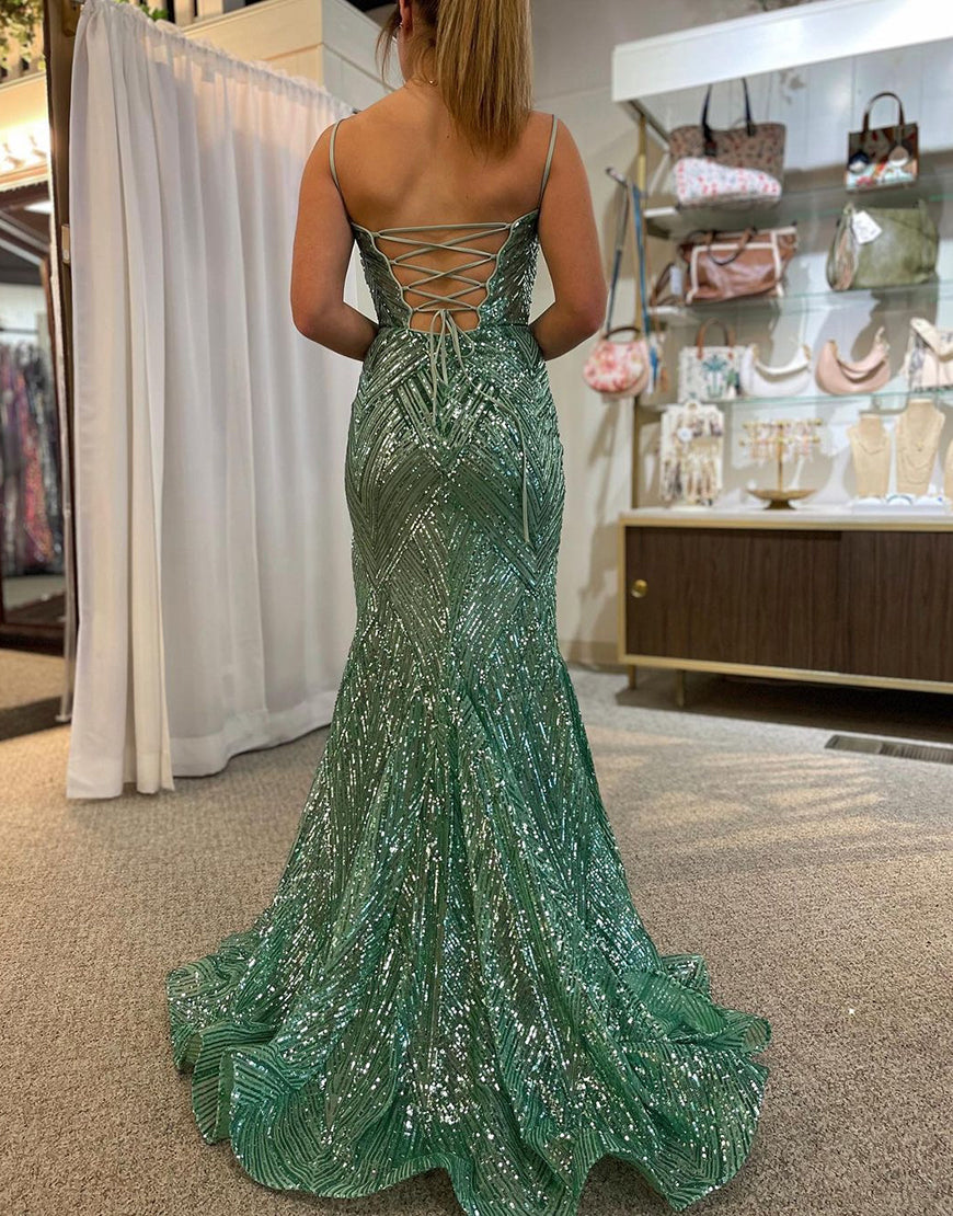 Robe de bal longue sirène verte scintillante avec fente