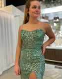 Robe de bal longue sirène verte scintillante avec fente