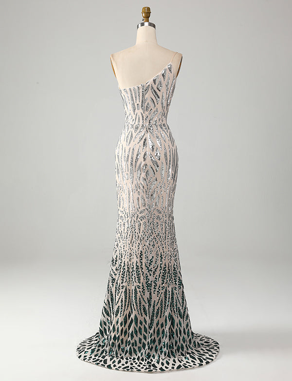 Robe de soirée longue et asymétrique en paillettes vert foncé