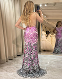 Robe de soirée longue à dos ouvert avec paillettes roses étincelantes