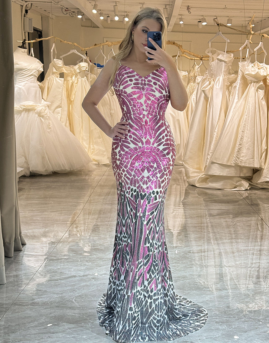 Robe de soirée longue à dos ouvert avec paillettes roses étincelantes
