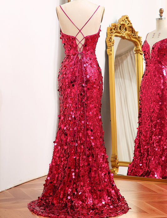 Robe de bal de fin d'année à bretelles pailletées Fuchsia avec fente