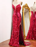 Robe de bal de fin d'année à bretelles pailletées Fuchsia avec fente