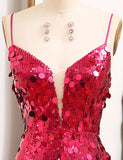 Robe de bal de fin d'année à bretelles pailletées Fuchsia avec fente
