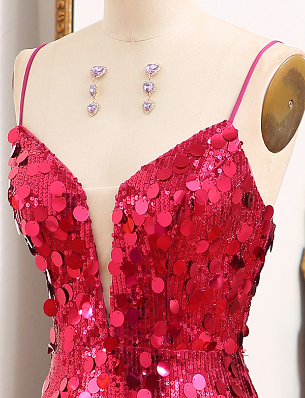 Robe de bal de fin d'année à bretelles pailletées Fuchsia avec fente