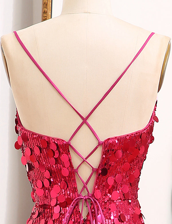 Robe de bal de fin d'année à bretelles pailletées Fuchsia avec fente