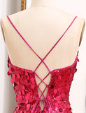Robe de bal de fin d'année à bretelles pailletées Fuchsia avec fente