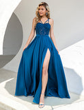 Robe de soirée à bretelles spaghetti et dentelle