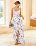 Robe de demoiselle d'honneur à bretelles spaghetti et imprimé floral bleu