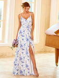 Robe de demoiselle d'honneur à bretelles spaghetti et imprimé floral bleu