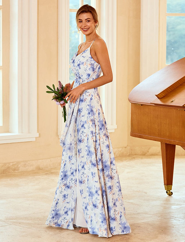 Robe de demoiselle d'honneur à bretelles spaghetti et imprimé floral bleu