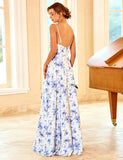 Robe de demoiselle d'honneur à bretelles spaghetti et imprimé floral bleu