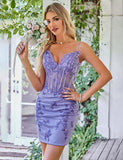 Robe de soirée à corset étincelante pourpre avec appliques