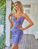 Robe de soirée à corset étincelante pourpre avec appliques