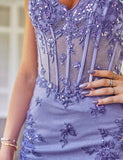 Robe de soirée à corset étincelante pourpre avec appliques