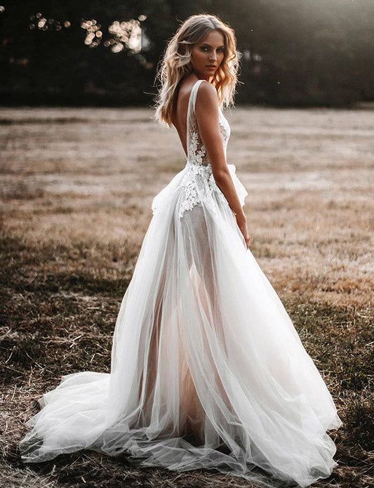 Robe de mariée en tulle, dos en V, ligne A