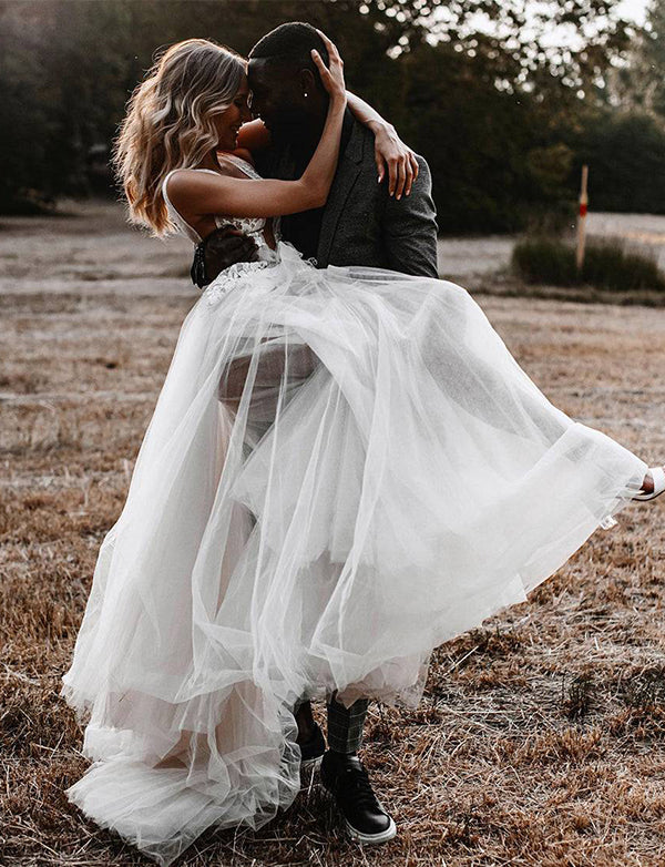 Robe de mariée en tulle, dos en V, ligne A
