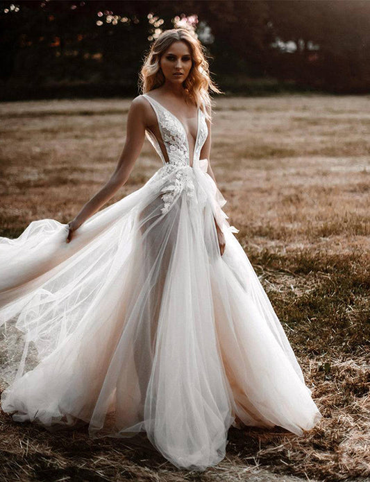 Robe de mariée en tulle, dos en V, ligne A