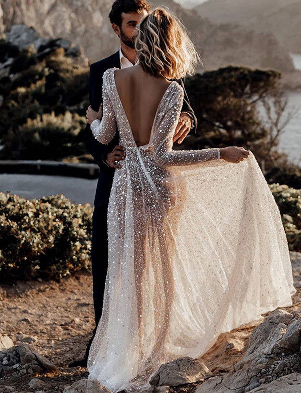 Robe de mariée à manches longues avec paillettes