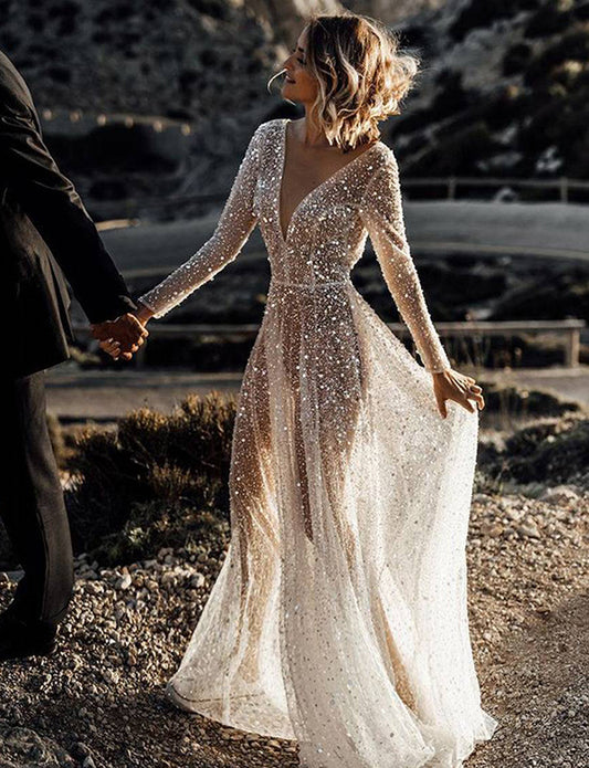 Robe de mariée à manches longues avec paillettes