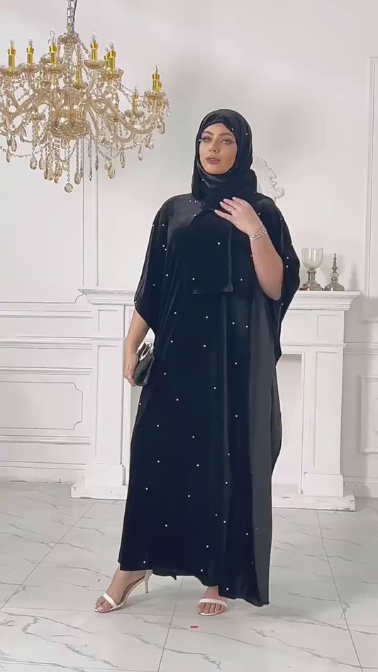 Robe Longue en Velours avec Manches Chauve-Souris 3/4 et Coupe Ample