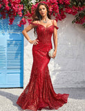 Robe De Bal De Fin D'année à épaules Froides En Forme De Sirène Avec Paillettes En Bourgogne